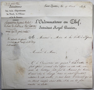 1815 lettre Intendant Royal Prussien à St Quentin – vente des bestiaux