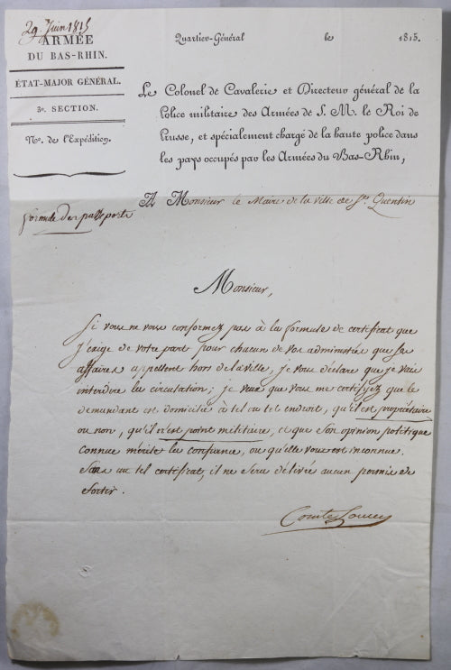 1815 lettre Police militaire (Roi de Prusse) au maire de St. Quentin