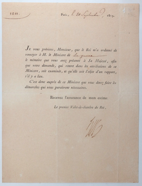 1815 lettre signé Hüe, huissier et prisonier avec Louis XVI au Temple