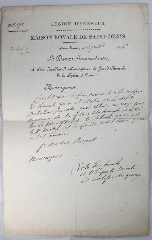 1816 demande de congé pour fille au Maison Royale de Saint-Denis