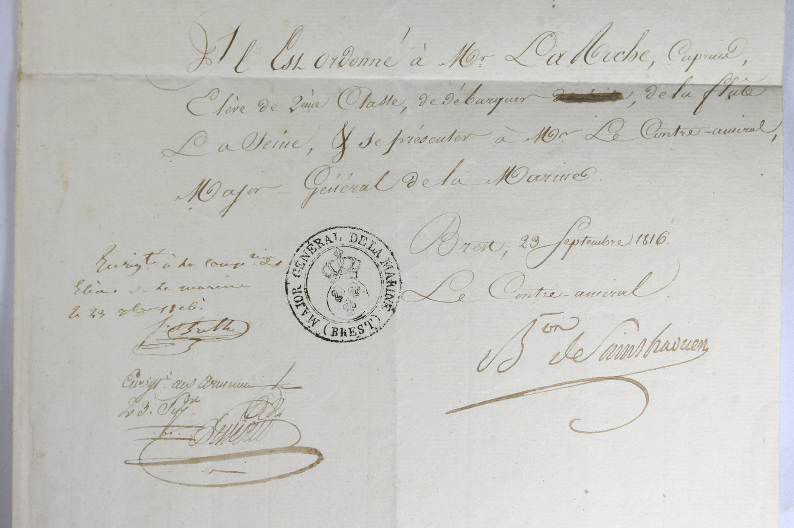 1816 lettre du Contre-Amiral Baron Saint-Haouen à un élève de la Marine