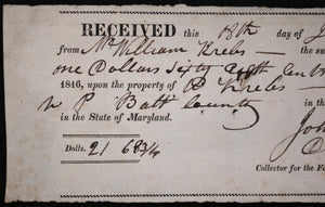 1817 Baltimore County (USA) receipt property tax payment William Krebs
