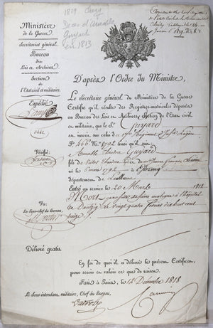 1818 France confirmation mort d’un soldat à l'hôpital de Dantzig 1813