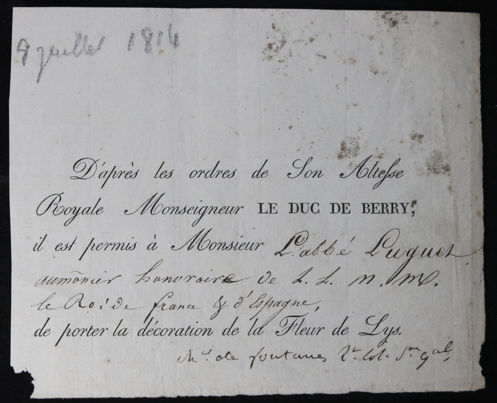 @1818 permission à l'Abbé Luquet de porter décoration Fleur de Lys