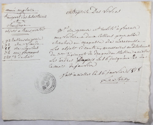 1818 requisition de rations pour Armée Anglaise, Pas de Calais