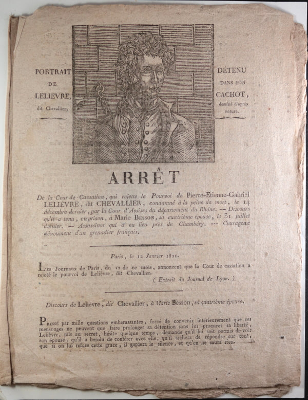 1821 Lyon France document peine de mort pour Pierre-Etienne-Gabriel Lelievre