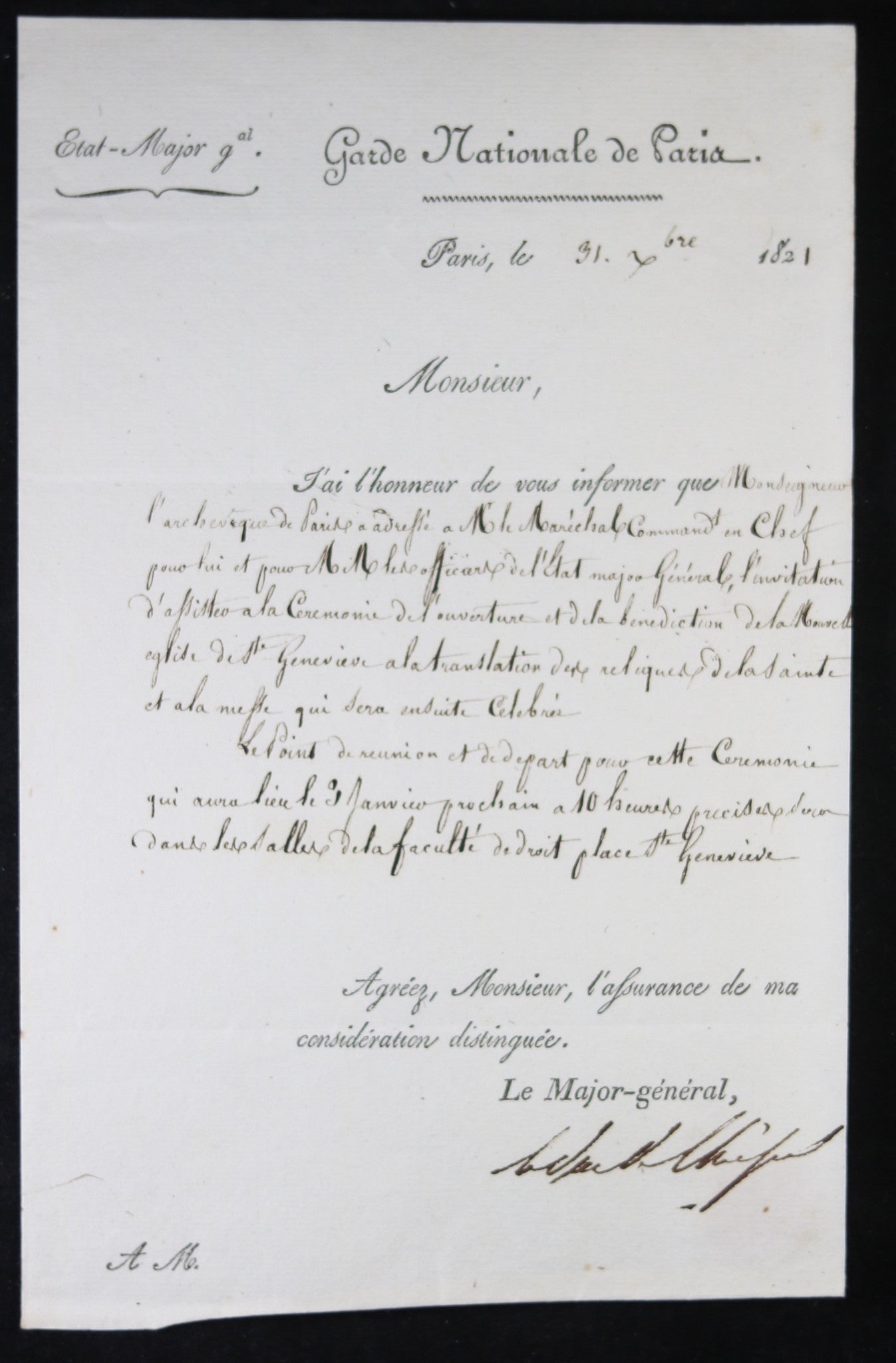 1821 invitation Vicomte Wismes bénédiction St. Geneviève (Paris)
