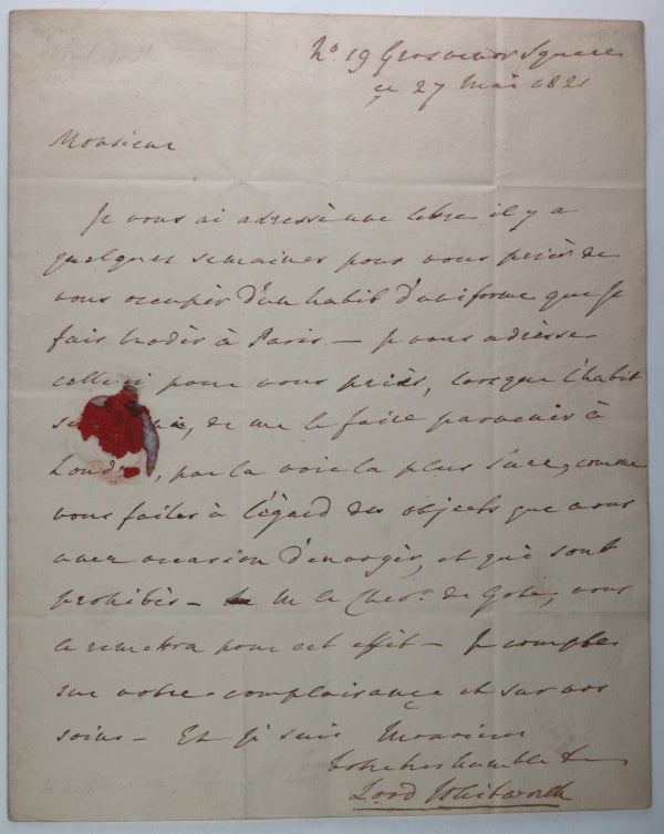 1821 letter Lord Whitworth to Paris tailor, suit for Coronation