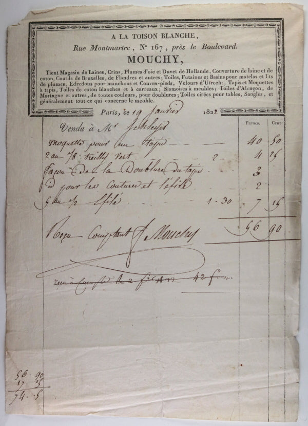 1822 Paris facture de ‘A la Toison Blanche’, tapis