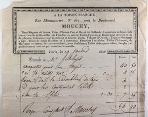 1822 Paris facture de ‘A la Toison Blanche’, tapis