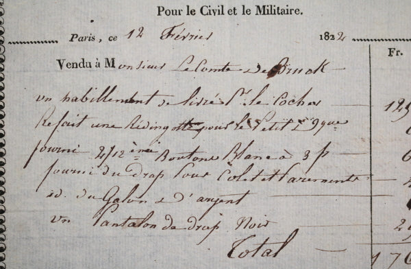 1822 Paris facture Pharo (tailleur) pour Comte de Bruc de Livernière