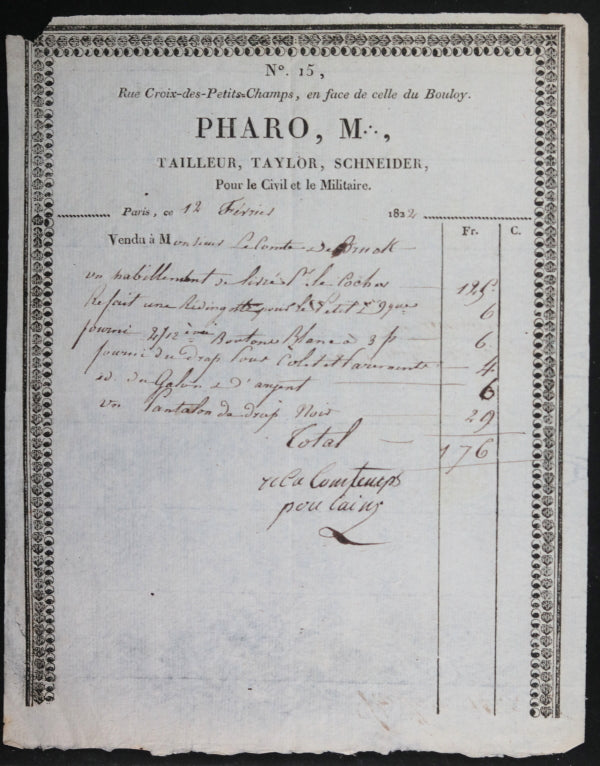 1822 Paris facture Pharo (tailleur) pour Comte de Bruc de Livernière