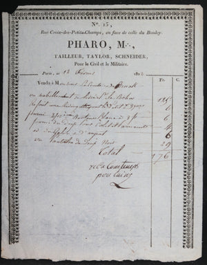 1822 Paris facture Pharo (tailleur) pour Comte de Bruc de Livernière