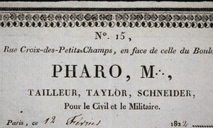 1822 Paris facture Pharo (tailleur) pour Comte de Bruc de Livernière