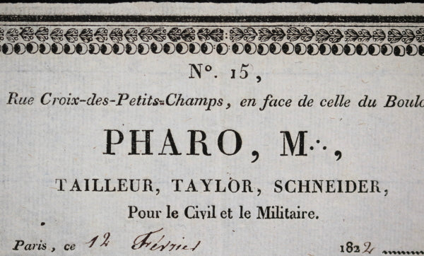 1822 Paris facture Pharo (tailleur) pour Comte de Bruc de Livernière