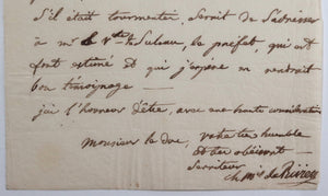 1823 Marquis de Rivière, lettre recommendation pour M. Pogy