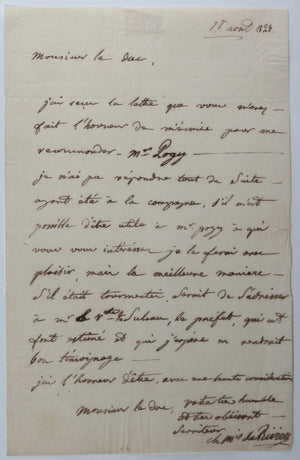 1823 Marquis de Rivière, lettre recommendation pour M. Pogy
