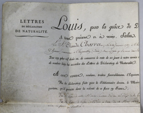 1823 Louis XVIII Déclaration de Naturalité pour Sr. Charret de Savoie