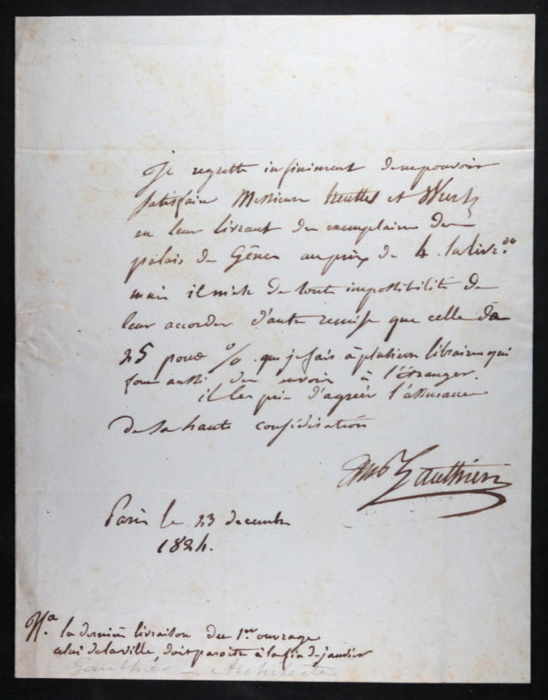 1824 Paris lettre de Gauthier (architecte) a Treuttel et Wurtz. libraires