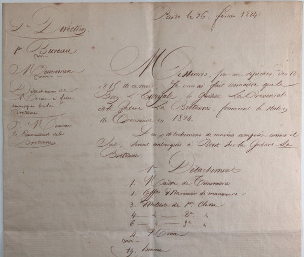 1824 ordres d’embarquement navires de station à Terre-Neuve (Pêche)