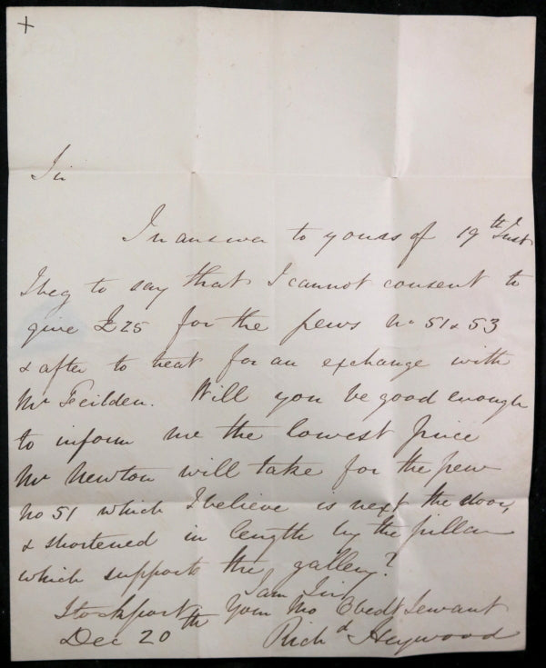 1825 Manchester UK letter concerning purchase of church pews