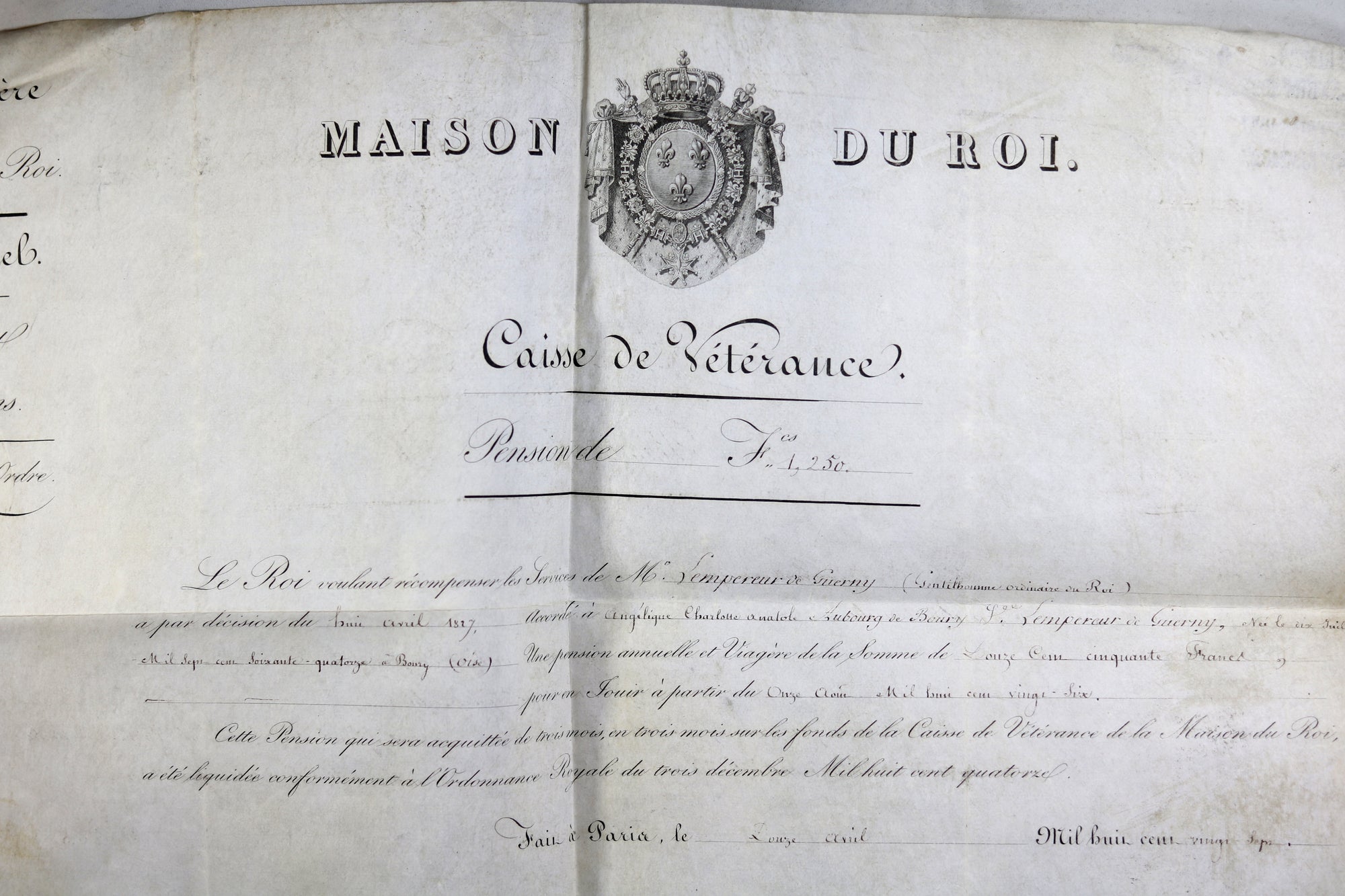 1827 pension pour veuve d'un Gentilhomme ordinaire du Roi Charles X