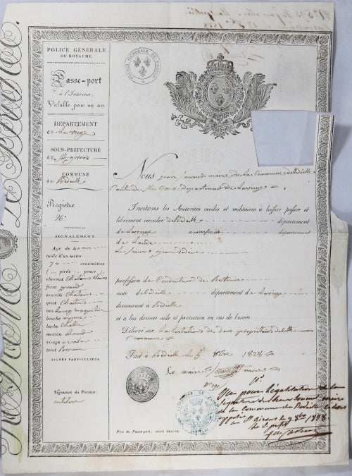 1828 passport pour un cultivateur, département l’Ariège