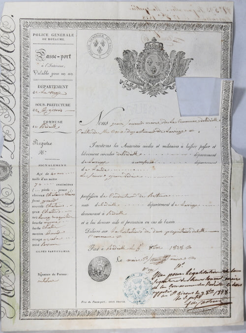 1828 passeport pour un cultivateur, département l’Ariège