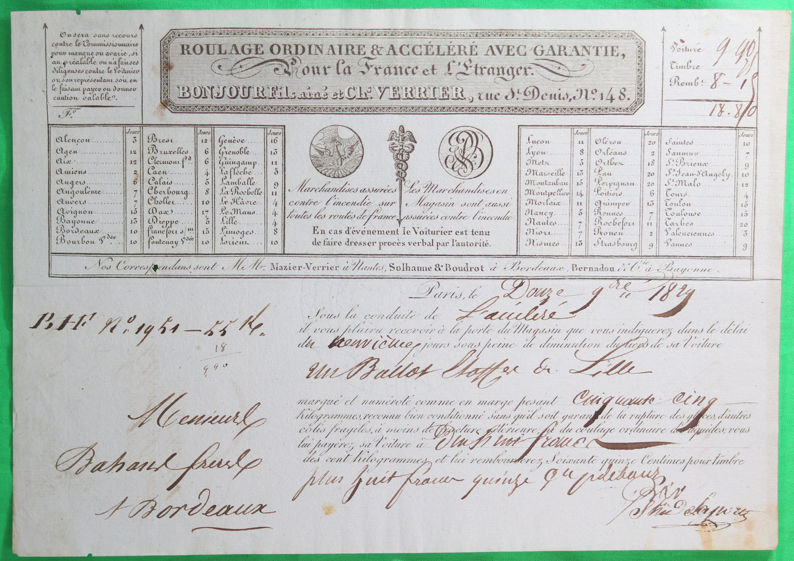 1829 Paris bon de roulage pour étoffes de Lille vers Bordeaux