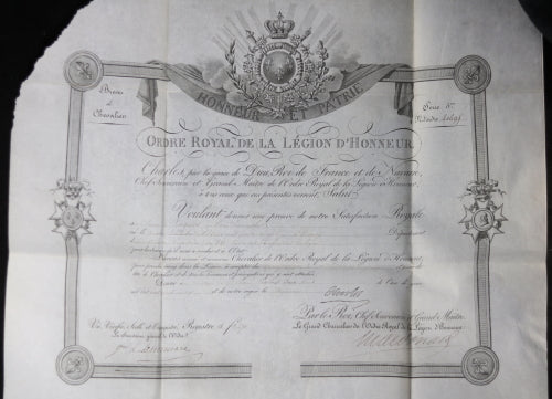1829 brevet de Chevalier de la Légion d’Honneur, Charles X