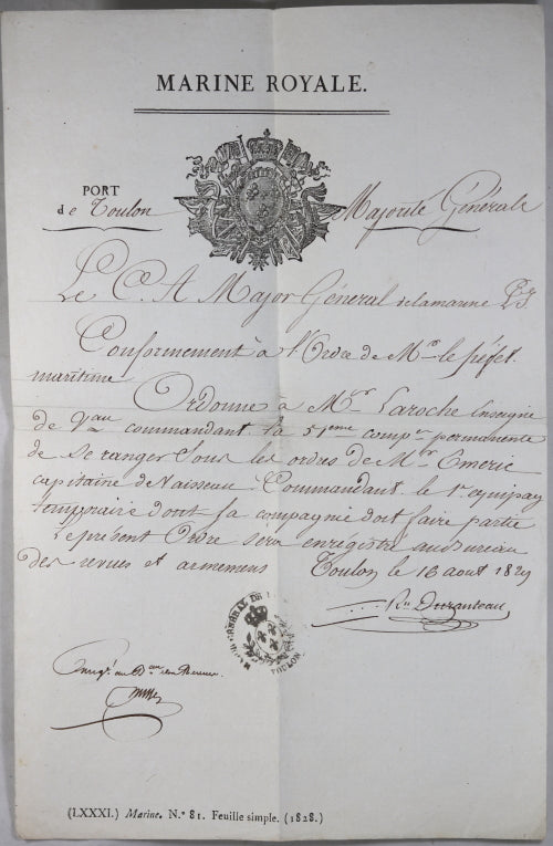 1829 lettre du Major Général Port de Toulon - nouveau commandant