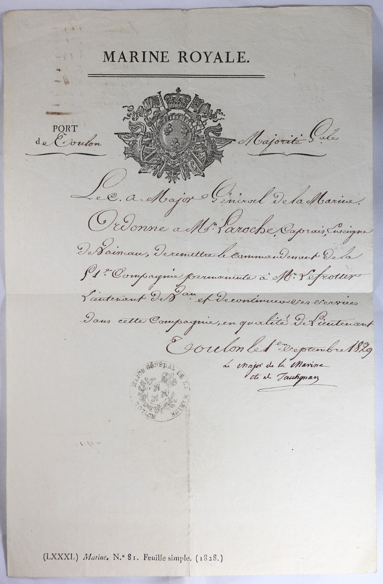 1829 lettre du Major Général Port de Toulon - remise de commandement