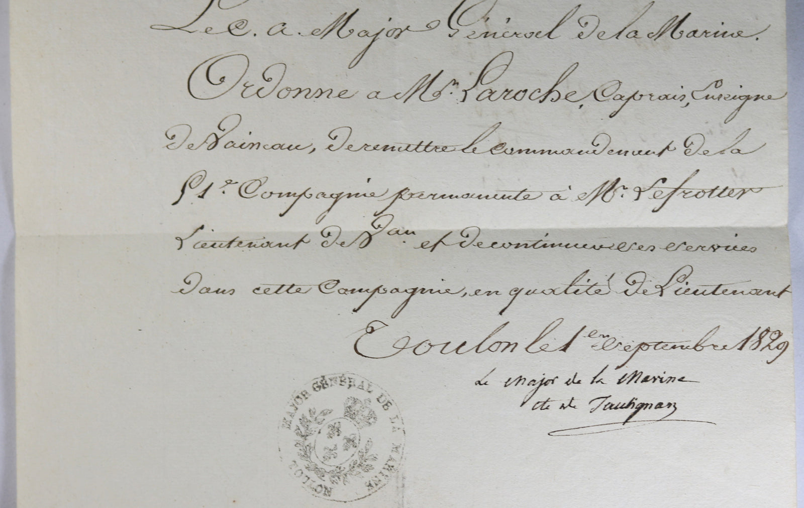 1829 lettre du Major Général Port de Toulon - remise de commandement