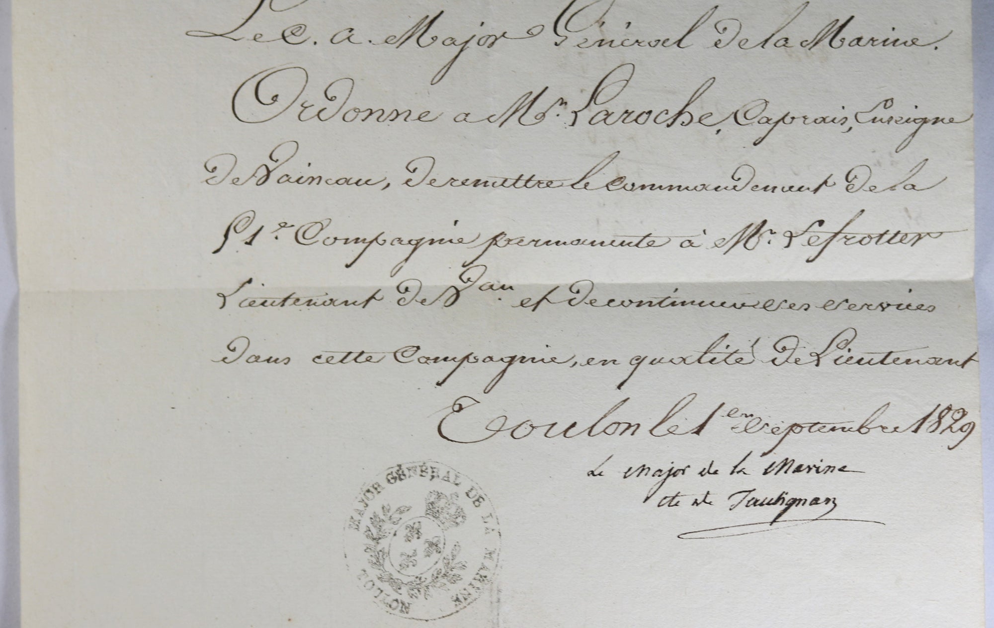 1829 lettre du Major Général Port de Toulon - remise de commandement