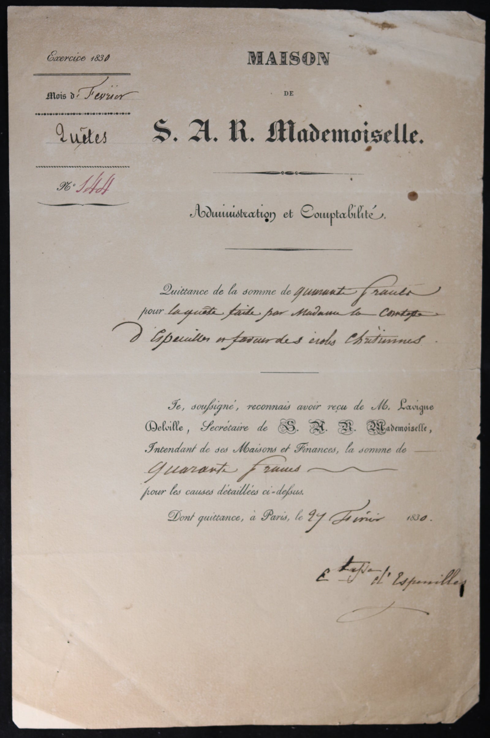 1830 quittance Maison de S.A.R. Mademoiselle par Comtesse d'Espenilles