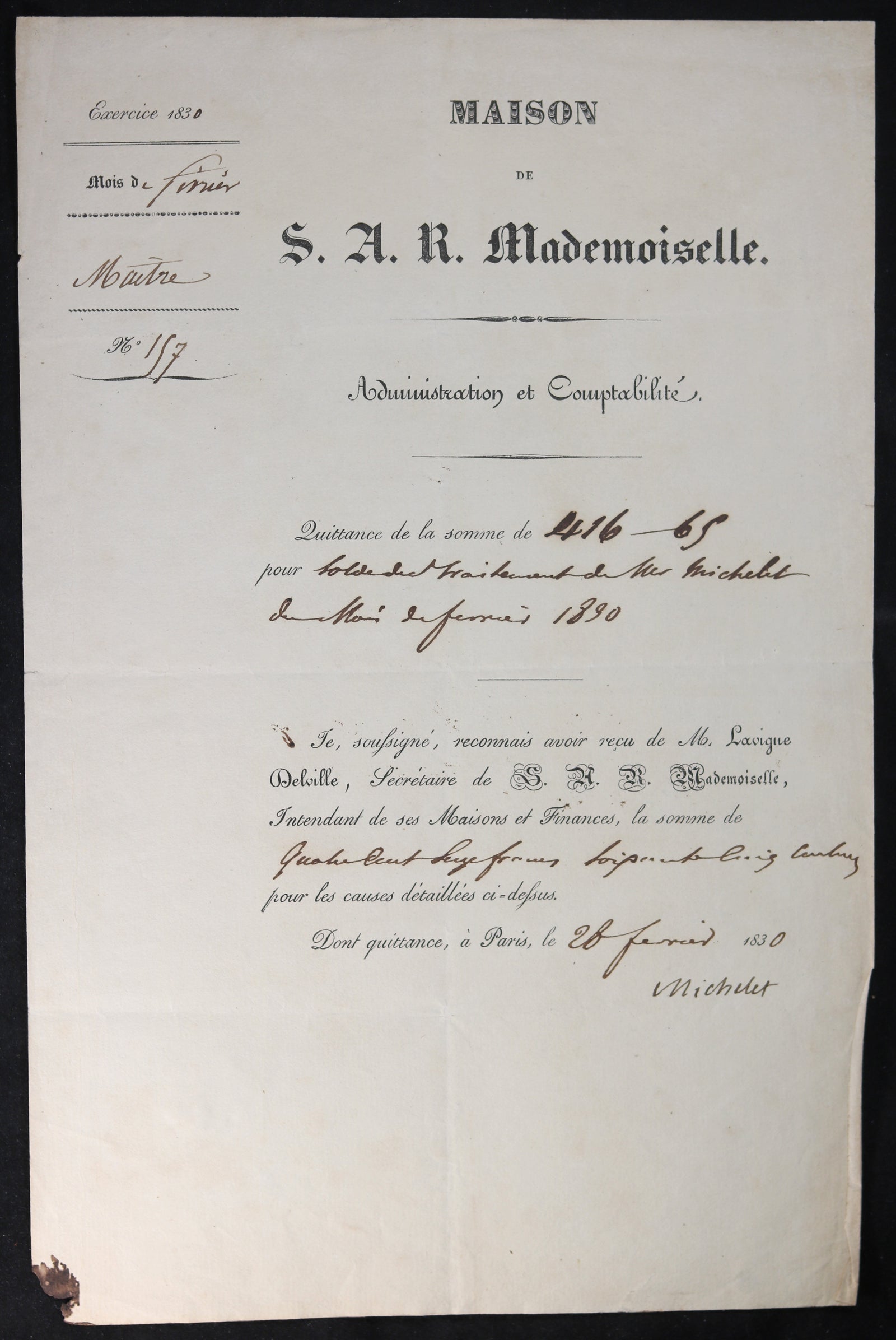 1830 quittance Maison de S.A.R. Mademoiselle pour solde de traitement