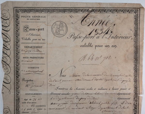 1833 passport pour un maître ramoneur, département Puy-de-Dôme