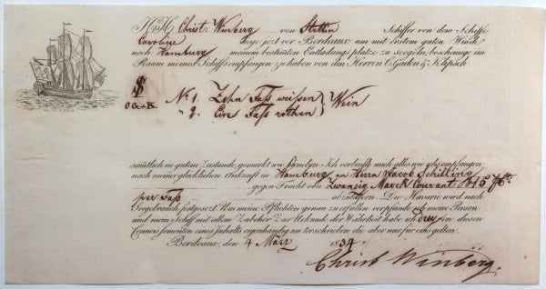 1834/45 Poland 6 illustrated maritime bills of lading transport wine 1834/45 Poland 6 illustrated maritime bills of lading transport wine