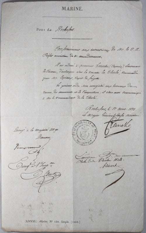 1834 lettre du Major Général Port de Rochefort – ordre d’embarquement