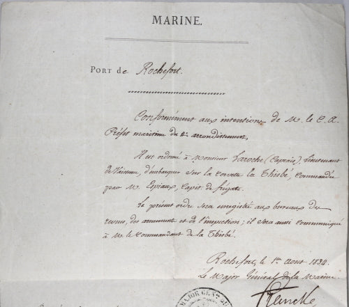 1834 lettre du Major Général Port de Rochefort – ordre d’embarquement