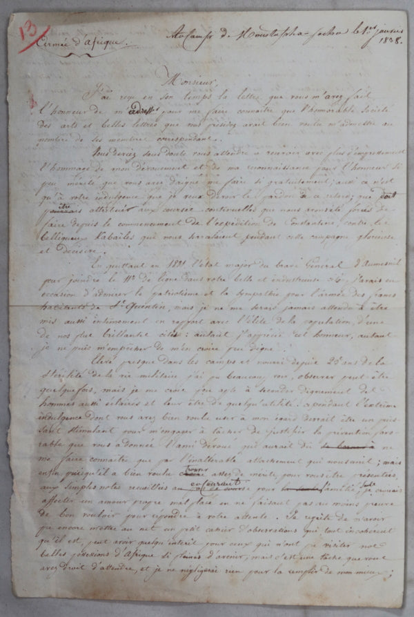 1838 Algerie lettre d’un militaire, Mustapha-Pacha à Saint-Quentin