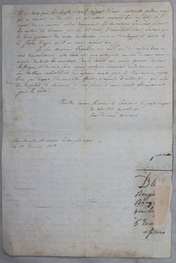 1838 Algerie lettre d’un militaire, Mustapha-Pacha à Saint-Quentin