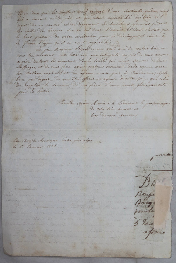 1838 Algerie lettre d’un militaire, Mustapha-Pacha à Saint-Quentin