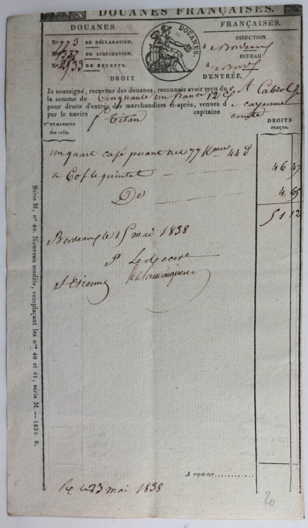 1838 Bordeaux, douanes sur café venant par navire de Cayenne