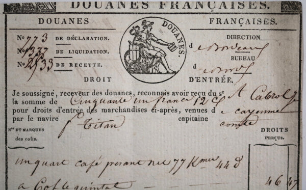 1838 Bordeaux, douanes sur café venant par navire de Cayenne