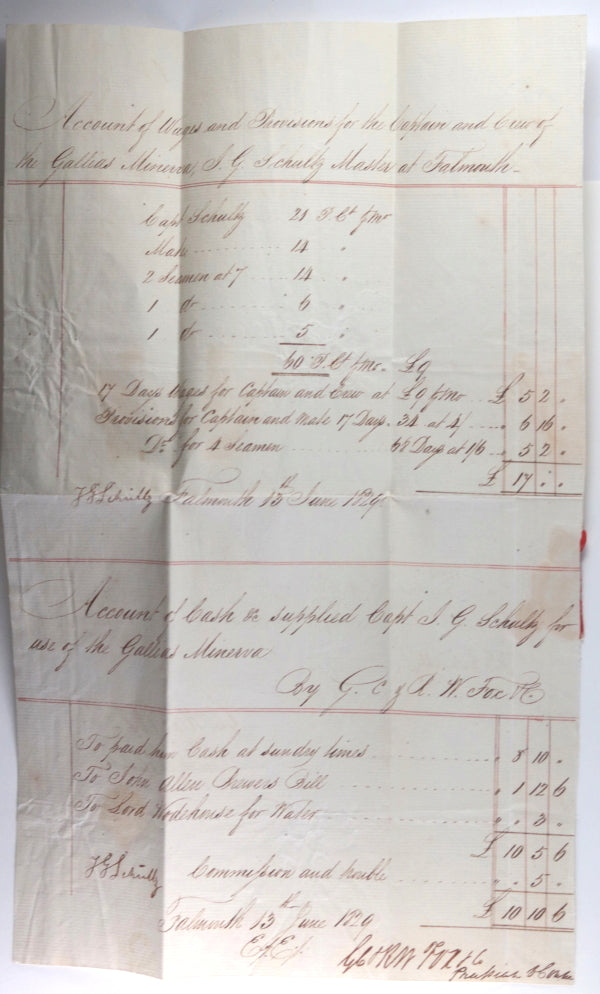 1839 UK Falmouth expenses for Captain and merchant ship Gallias Minerva