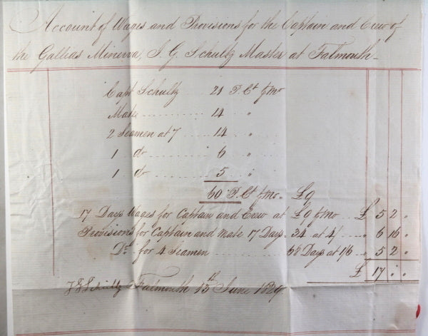 1839 UK Falmouth expenses for Captain and merchant ship Gallias Minerva
