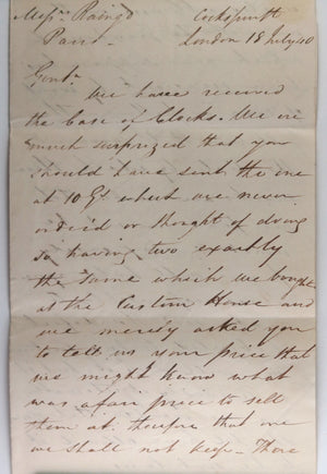 1840 London UK, 2 letters to clockmaker Raingo in Paris