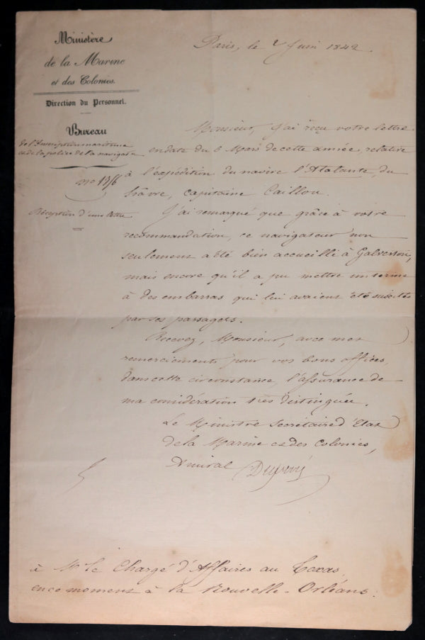 1842 letter French Minister of Navy to Dubois Saligny (Republic Texas)
