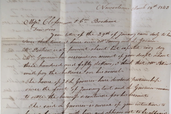 1843 New Orleans letter to Bordeaux wine merchant in France